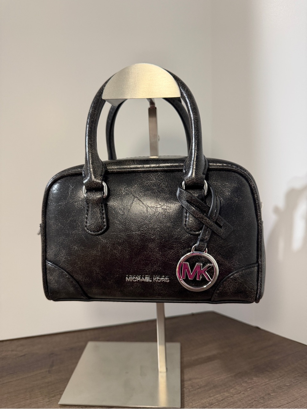Michael Kors Black Leather Dome Satchel with MK Charm
